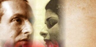 Julius Evola e Maria de Naglowska, fotomontaggio, sinistra volto uomo, destra volto donna, in basso rosa rossa
