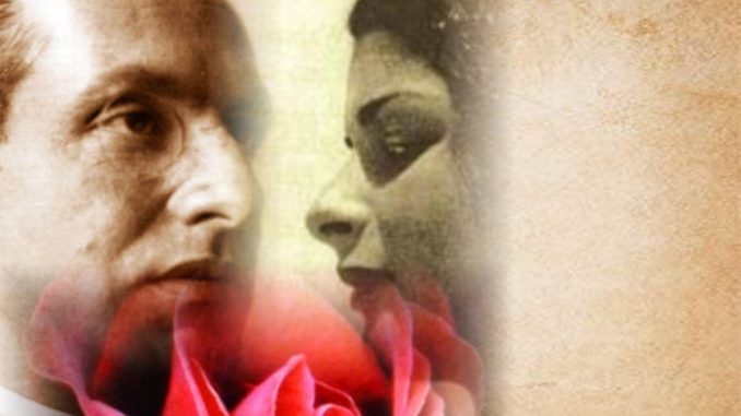 conte Evola e Maria IMM OK_rid Julius Evola e Maria de Naglowska, fotomontaggio, sinistra volto uomo, destra volto donna, in basso rosa rossa