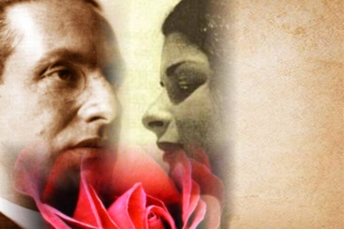 Julius Evola e Maria de Naglowska, fotomontaggio, sinistra volto uomo, destra volto donna, in basso rosa rossa
