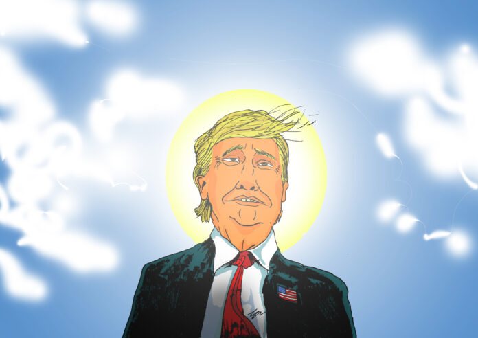 L'immagine rappresenta il presidente USA Donald Trump in versione fumettistica, vestito di una giacca nera, una camicia bianca e una cravatta rossa. Il presidentre ha un espressione a metà tra l'inebetito e l'estasiato. Dietro la sua testa, visibile a malapena nella luce che emana, si può notare un'aureola. Sullo sfondo un cielo terso costellato da qualche nuvoletta a lato. Tutta la figura del presidente pare risplendere di una luce paradisiaca