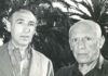 Photo black and white, portraits of André Verdet and Pablo Picasso, in the backgroun many palm trees.