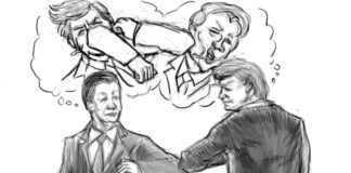 The picture is a pencil drawing depicting Chinese president Xi Jinping and US president Donald Trump "elbowing" each other, simingly as a signo f friendship (while in their real thoughts, they are fighting as shown on the thought balloon above them)