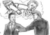 L'immagine è un disegno a matita che mostra il presidente cinese Xi Jinping e quello americano Donad Trump fare gomito a gomito in segno di apparente amicizia, salvo poi prendersi a pugni nei rispettivi pensieri illustrati nelle nuvolette sovrastanti