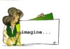 drawing, by Gabriele Artusio, girl in yellow and green jersey, holding a board with the word imagine, column The visual unpublished, Marilena Vita