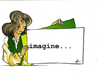 drawing, by Gabriele Artusio, girl in yellow and green jersey, holding a board with the word imagine, column The visual unpublished, Marilena Vita
