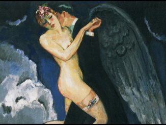 dipinto raffigurante un uomo e una donna che ballano. L'uomo è vestito in abito e ha delle ali, mentre la donna nuda e con gli occhi chiusi si lascia guidare dal ballerino