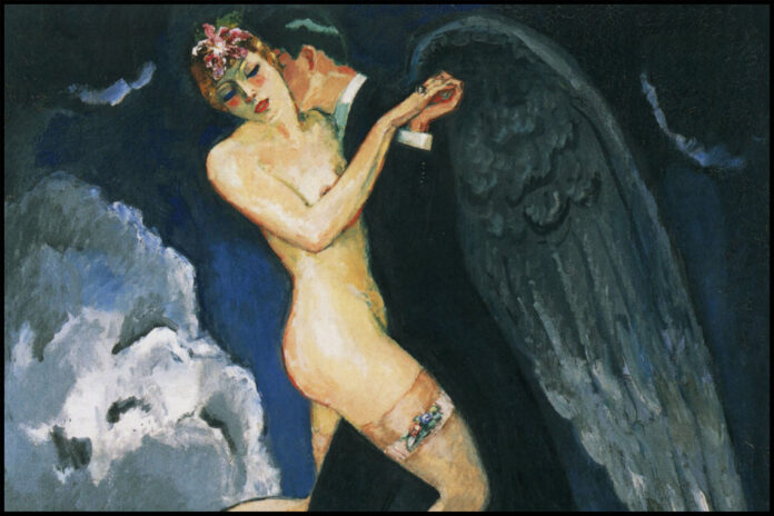 dipinto raffigurante un uomo e una donna che ballano. L'uomo è vestito in abito e ha delle ali, mentre la donna nuda e con gli occhi chiusi si lascia guidare dal ballerino