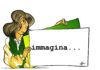 disegno a colori di Gabriele Artusio, ragazza con vestiti gialli e verdi, cartello con scritto immagina, rubrica inedito visivo