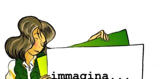 disegno a colori di Gabriele Artusio, ragazza con vestiti gialli e verdi, cartello con scritto immagina, rubrica inedito visivo