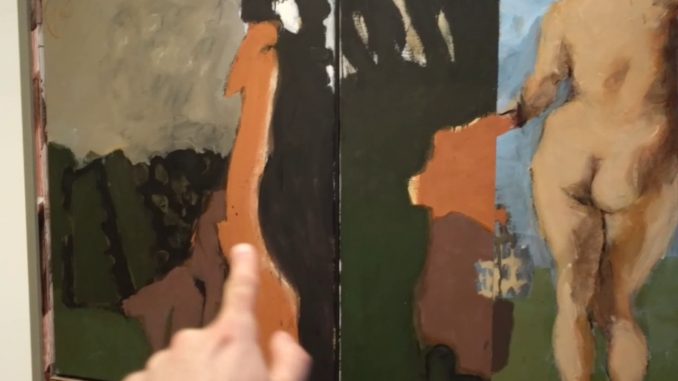 Opera di Markus Lüpertz dipinto di Markus Lüpertz, che raffigura, sul lato destro, un nudo e, al centro, delle pennellate di colori caldi come marrone, arancione e verde bottiglia.