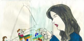 Rientro a scuola a settembre: disegno di Gabriele Artusio, ministro Azzolia bussa sul plexiglass, dietro studenti in classe