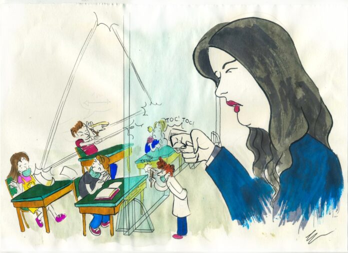 Rientro a scuola a settembre: disegno di Gabriele Artusio, ministro Azzolia bussa sul plexiglass, dietro studenti in classe