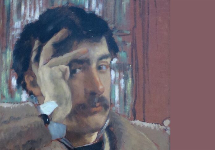 portrait of a man with moustache and dark hair. He looks at the viewer and his left hand supports his forehead
