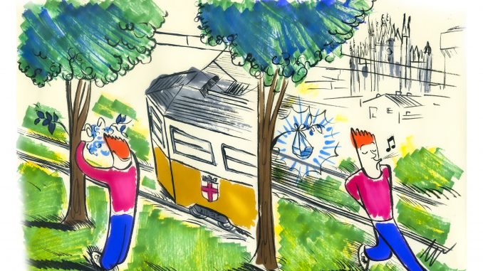 disegno di Gabriele Artusio che ritrae un tram di Milano e due giovani, di cui uno ha la mascherina appesa a un ramo di un albero