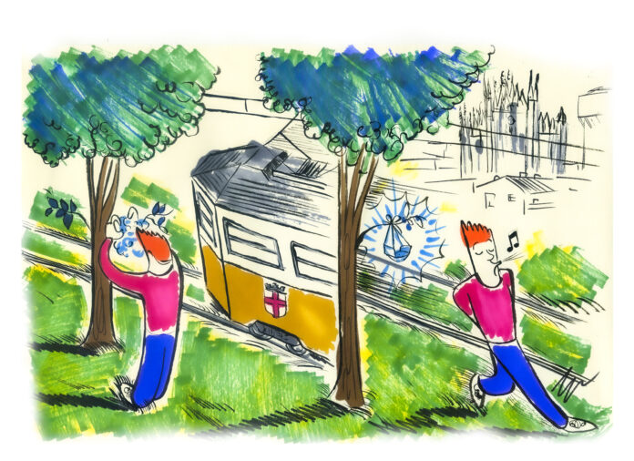 disegno di Gabriele Artusio che ritrae un tram di Milano e due giovani, di cui uno ha la mascherina appesa a un ramo di un albero