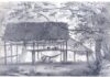 l'immagine consiste in un disegno a matita di una capanna di foglie e legno nel mezzo della foresta amazzonica, con alcune persone presenti all'interno
