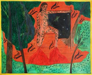 watercolor on paper with a naked, tattooed woman. The woman is holding a stick and is on an orange area surrounded by trees. There is no perspective