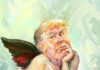 in this photo you can see Donald Trump with two wings like an angel who writes a novel on a white piece of paper