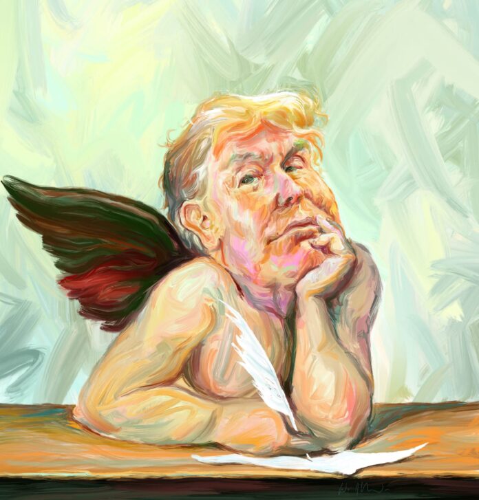 nella foto si vede il Presidente degli Usa Donald Trump con due ali d'angelo che scrive su un foglio bianco con una piuma