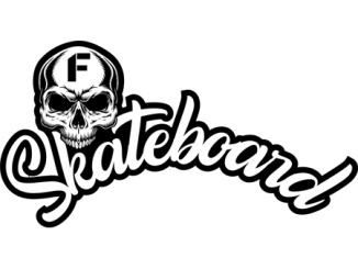 in this black and white photo you can see a white skull and the word Skateboard