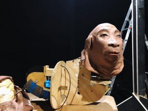 Photograph of a puppet that Marta Cuscunà will bring to the stage, a hybrid between animal and man, under construction in the laboratory.
