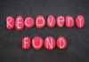 The picture represent the Recovery Fund sign. Each one of the white letters is in the center of a red stone and all the stones are on a dark concrete-like surface