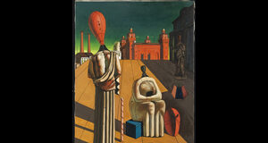 l'immagine è una riproduzione del quadro "Le Muse inquietanti" dell'artista metafisico Giorgio De Chirico. Una piazza silenziosa circondata da alcuni edifici con alcuni manichini e statue composte in primo piano