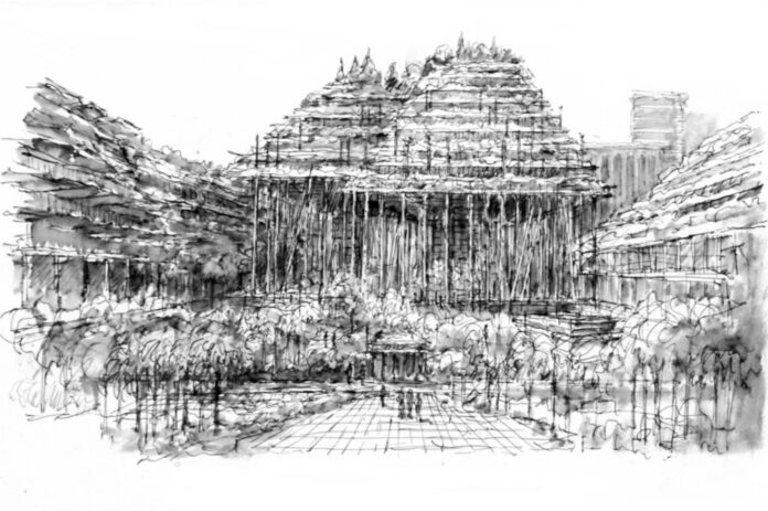 Pensando alla Arch-art tra passato, pandemia e il dopo - Thinking of Arch-art, between Past, Pandemic and Post nella foto si vede un edificio disegnato a inchiostro nero con molti alberi davanti