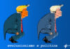 L'immagine è una vignetta satirica che mostra due il presidente USA Donald Trump in posa simile a quella di un cavernicolo di profilo. L'immagine si ripete due volte con la sola differenza della saturazione. lo sfondo è azzurro