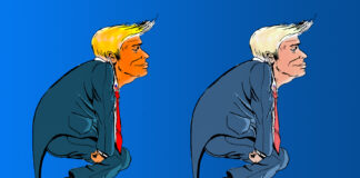 the picture is a satyrical cartoon with two version of US president Donald Trump in a prehistoric man-like pose. The only difference between the two is the color saturation