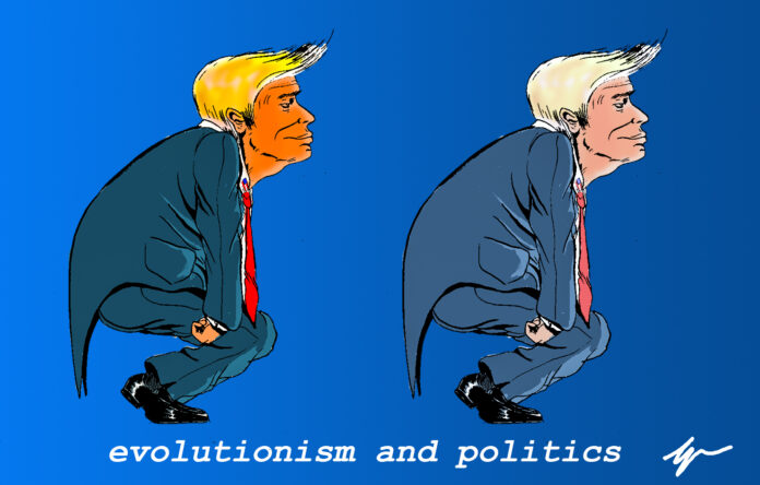 the picture is a satyrical cartoon with two version of US president Donald Trump in a prehistoric man-like pose. The only difference between the two is the color saturation