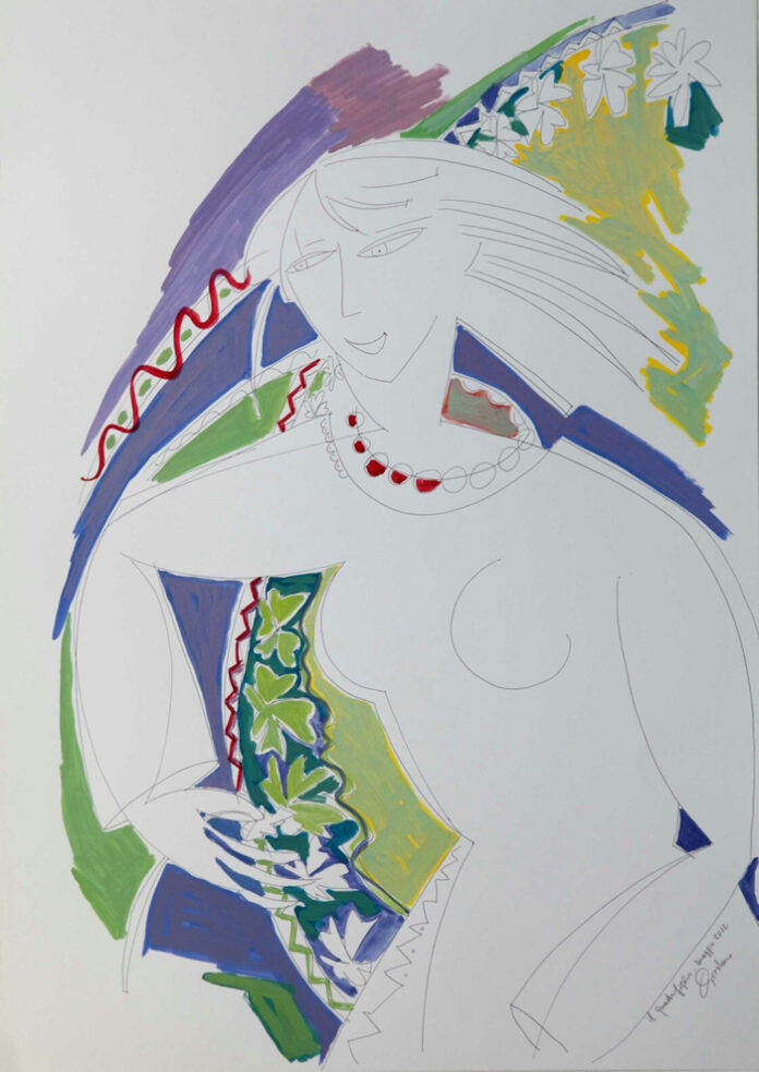 nella foto a colori si vede un nudo di donna stilizzato che stringe in una mano due quadrifogli