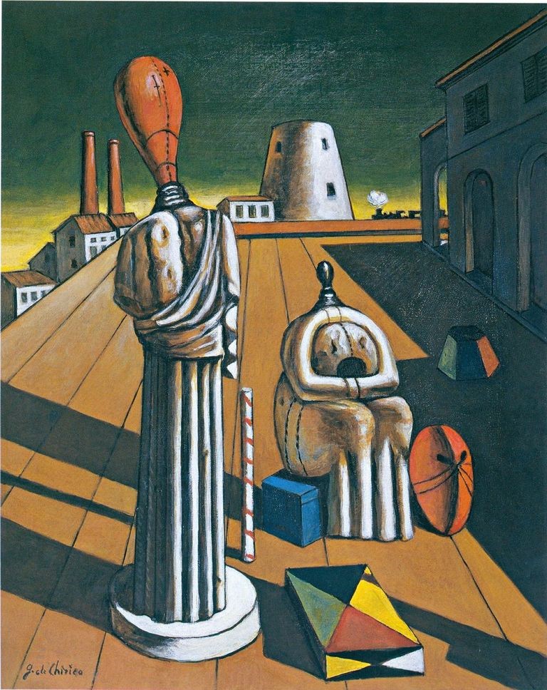 The picture is a reproduction of Giorgio De Chirico's "Le Muse Inquietanti" that consist in a silent square with some statues and mannequins in the foreground