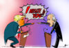 La vignetta mostra delle versioni stilizzate di Donald Trump e Joe Biden intende ad urlarsi a vicenda "I negate you" dai loro seggi. lo sfondo è di una sfumatura rosa e blu