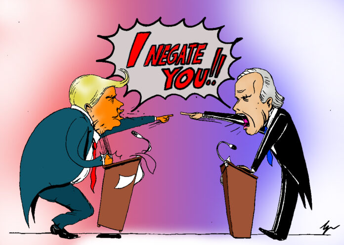 La vignetta mostra delle versioni stilizzate di Donald Trump e Joe Biden intende ad urlarsi a vicenda 