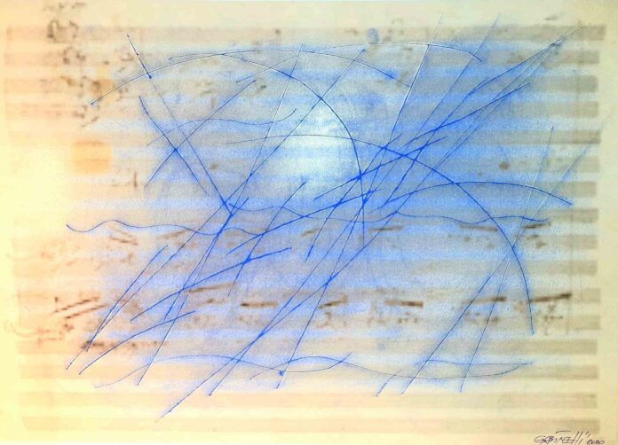 Beethoven, ultimi anni Incisione sulla quale segni di colore blu chiaro coprono uno spartito musicale di colore giallo chiaro.