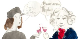L'augurio per il 2021 da Raffaello e Beethoven che brindano, dei quali si sono celebrati nel 2020 i due anniversari di morte e nascita