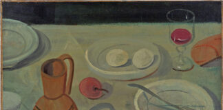 André Derain Mendrisio, mostra del pittore francese, natura morta con piatti, posate, frutta bicchiere brocca