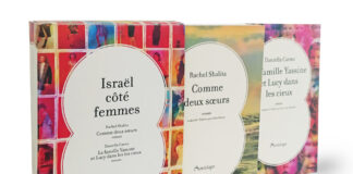 The pictures shows three books frontally placed on an oblique line. The colorful books (all edited by Les editions de l'Antilope) 'titles are "israel cotè femmes", "Comme deux soeurs" and "Camille Yassine et Lucy dans lescieux" respectively
