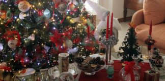 nella fotografia: un albero di Natale, candele rosse, soprammobili natalizi, cioccolatini, pacchetti dono, pigne, sono i simboli del Natale italiano.