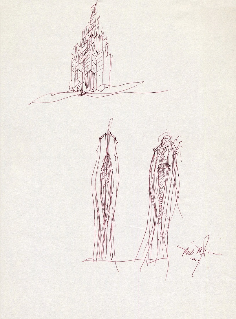 in the color photo you can see three sketches of buildings or palaces