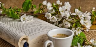 nella foto a colori si vede in primo piano una tazzina con caffè, un libro aperto e un ramo di fiori bianchi su un tavolo