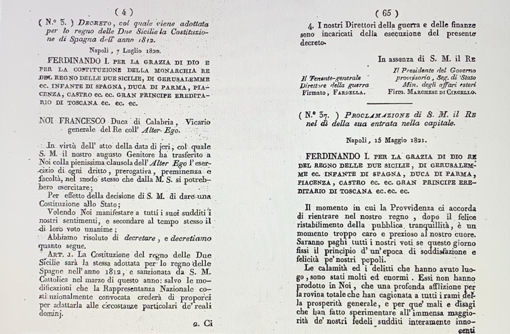 Text of the decree of the King of the two Sicilies which adopts the Spanish constitution as the constitution of the kingdom, becoming the first Italian constitution