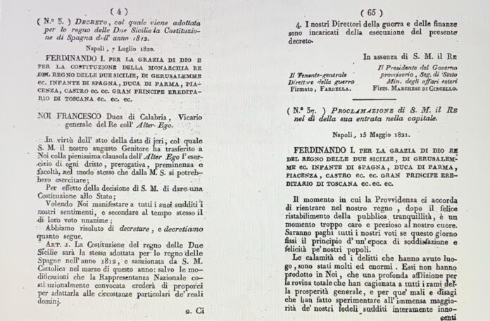 Testo del decreto del re delle due Sicilie che adotta come costituzione del regno la costituzione spagnola, diventando di fatto la prima costituzione italiana