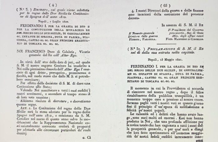 Duecento anni da quel glorioso 1820 Testo del decreto del re delle due Sicilie che adotta come costituzione del regno la costituzione spagnola, diventando di fatto la prima costituzione italiana