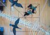 the picture, shows three people seen from above . the three people wears blue shirt and black trousers and appear to be sleeping on a wooden parquet with a black lattice. Above the three people there are two balck birds and a dinosuar skeleton's tail