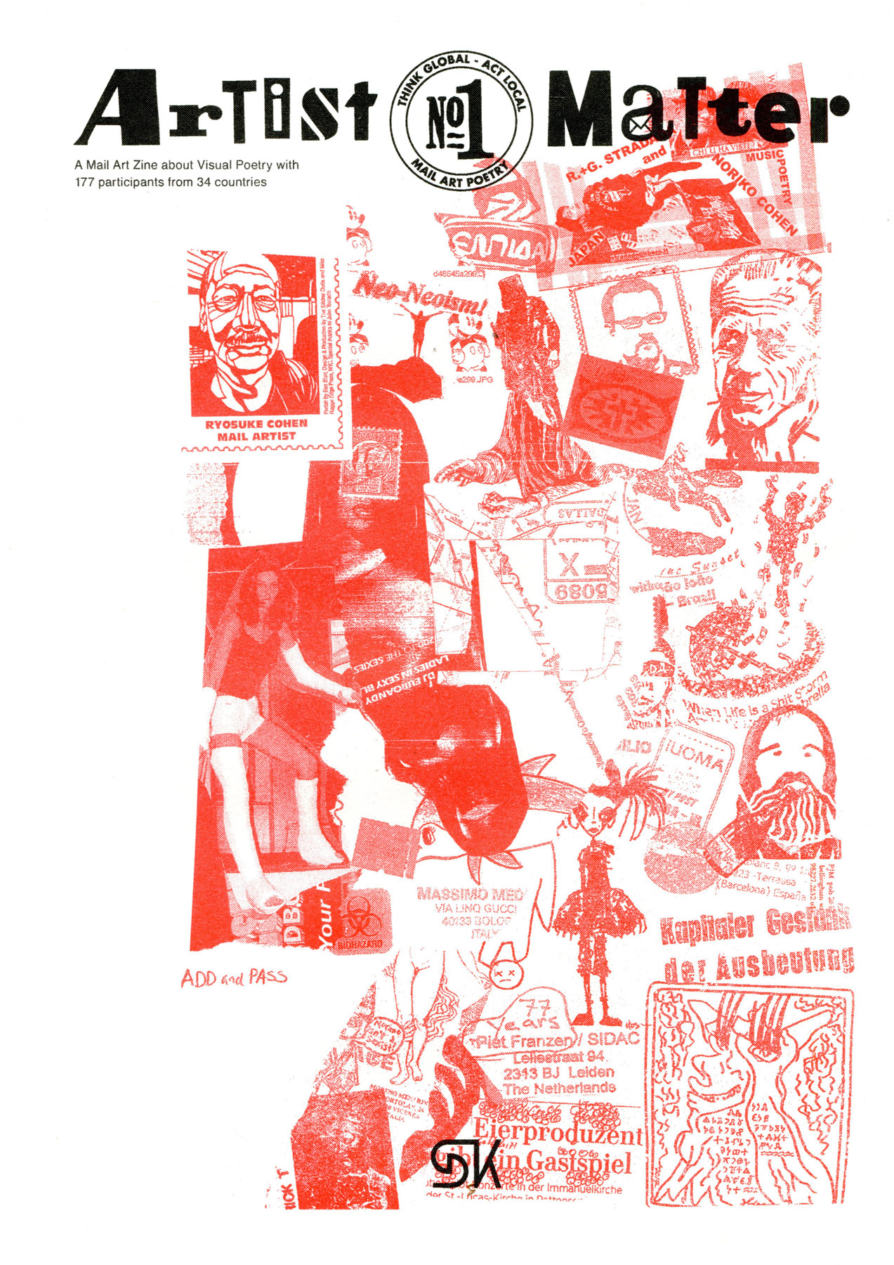 Nella foto un collage, su sfondo bianco e filtro rosso, di timbri postali di diversi paesi, francobolli, entrambi segni della mail art, una fotografia di una donna con gambe braccia ingessate.