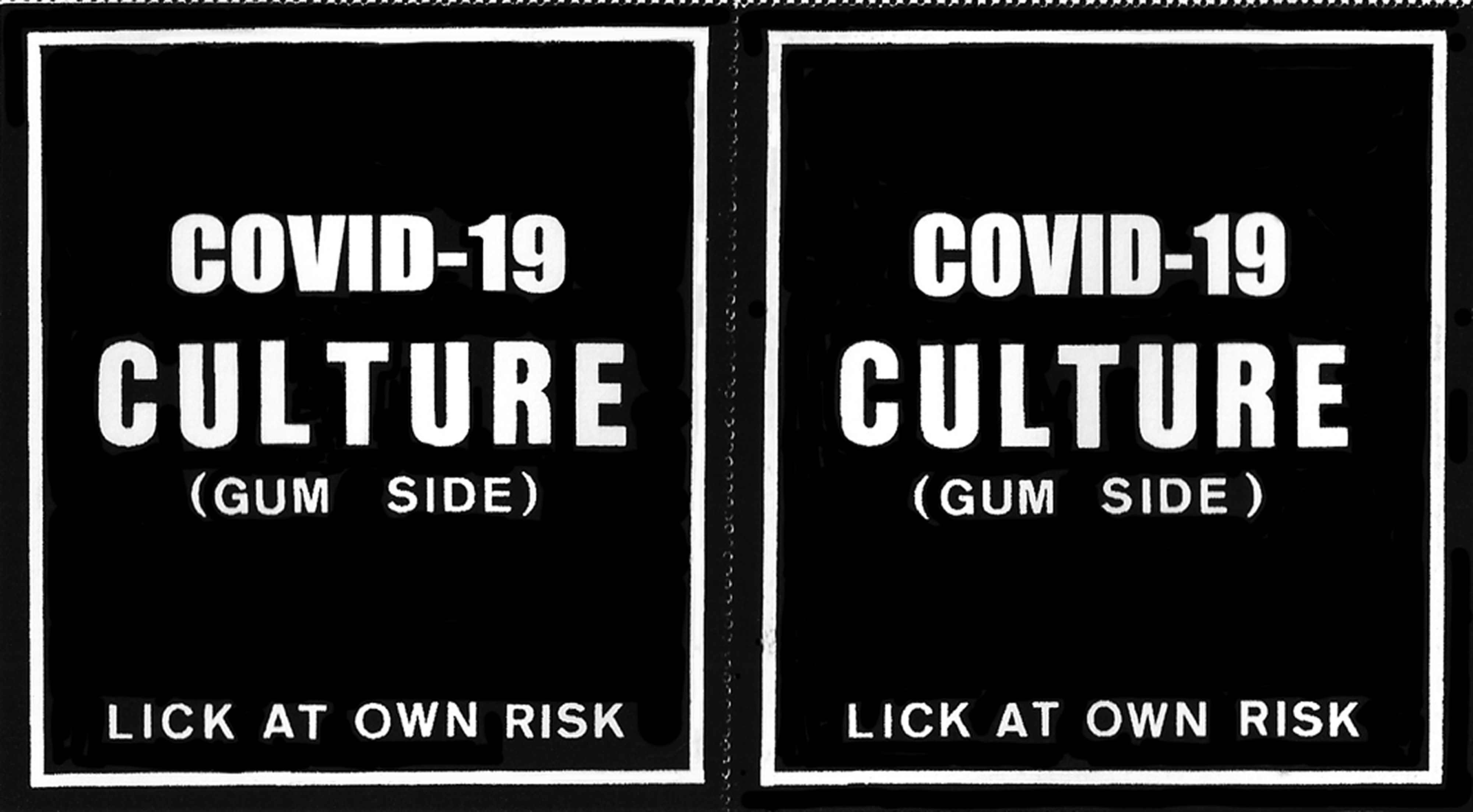 Foto dell'opera mail art, autore Chuck Welch, che rappresenta due francobolli, su sfondo nero le scritte covid-19 culture (gum side) lick at own risk (lecca a tuo rischio)