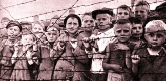 in the black and white image you can see children locked up in a Nazi concentration camp, leaning on a barbed wire