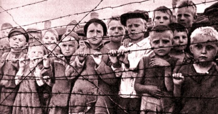 in the black and white image you can see children locked up in a Nazi concentration camp, leaning on a barbed wire